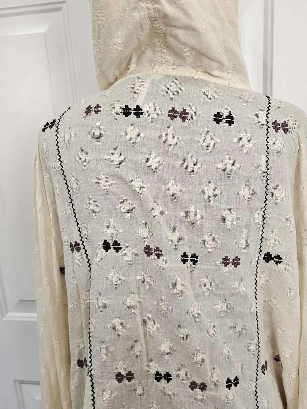 Free People Playa De Ray Cream Embroidered Hooded Pullover with Navy Tassel{Bx26 - Picture 11 of 15
